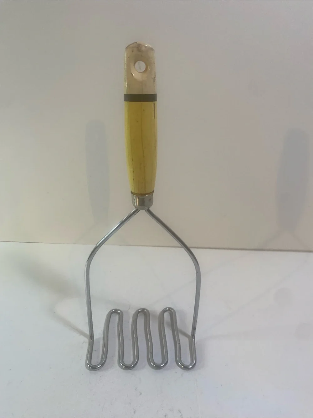 Vintage Wooden Yellow White Handle With Black Stripe Potato Masher